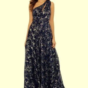 Betsy & Adam Navy Blue Gunmetal Galaxy Metallic One-Shoulder Gown